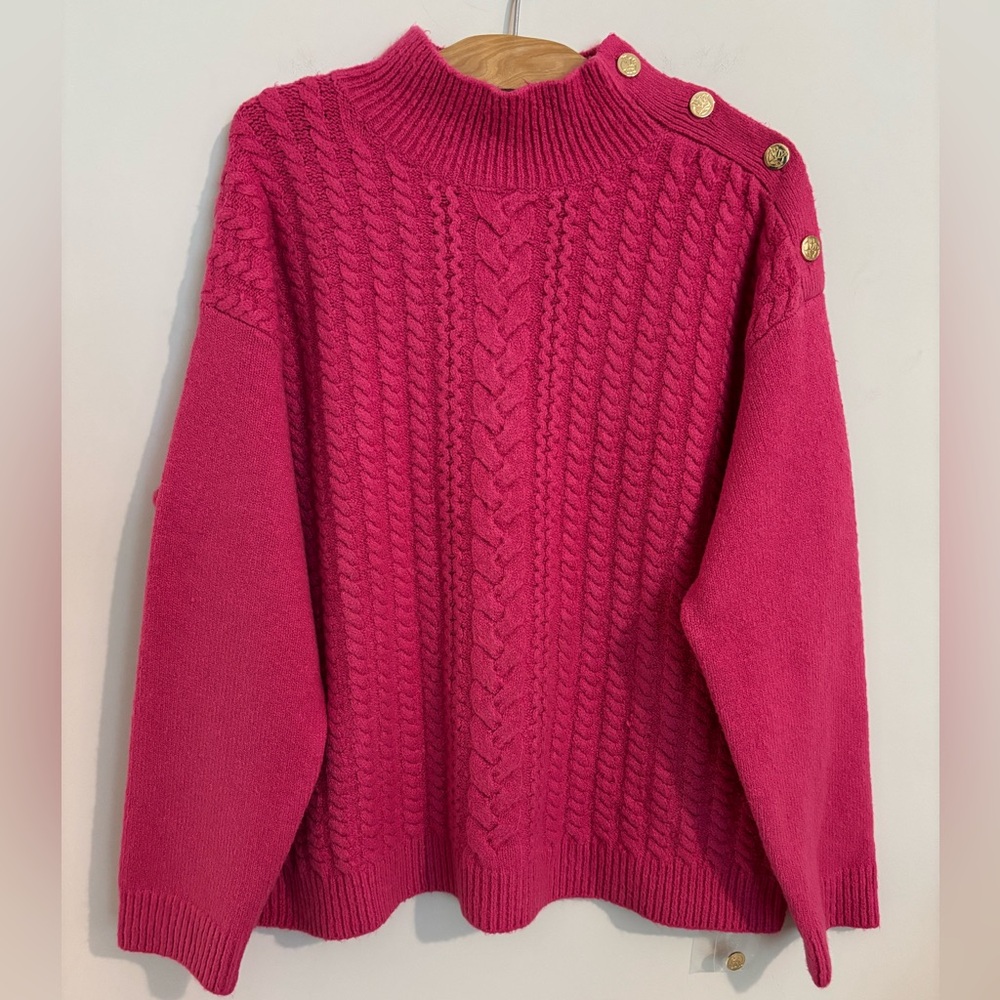 Draper James Hot Pink cable knit mock neck sweater